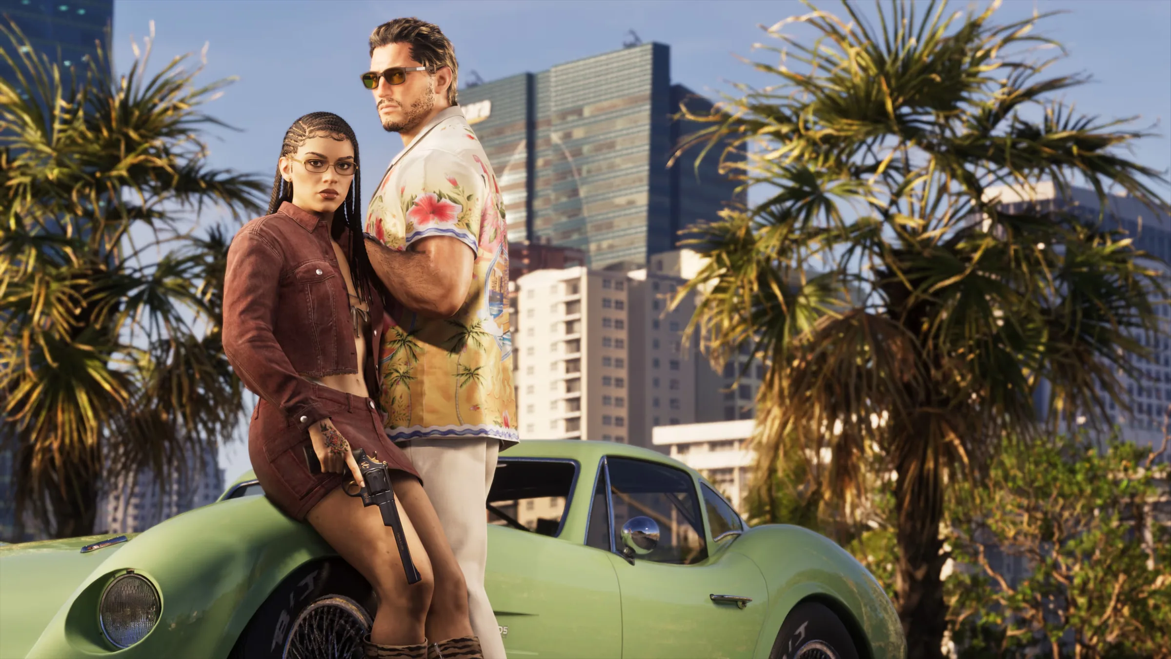 Jason and Lucia posing by a classic green sports car in Vice City