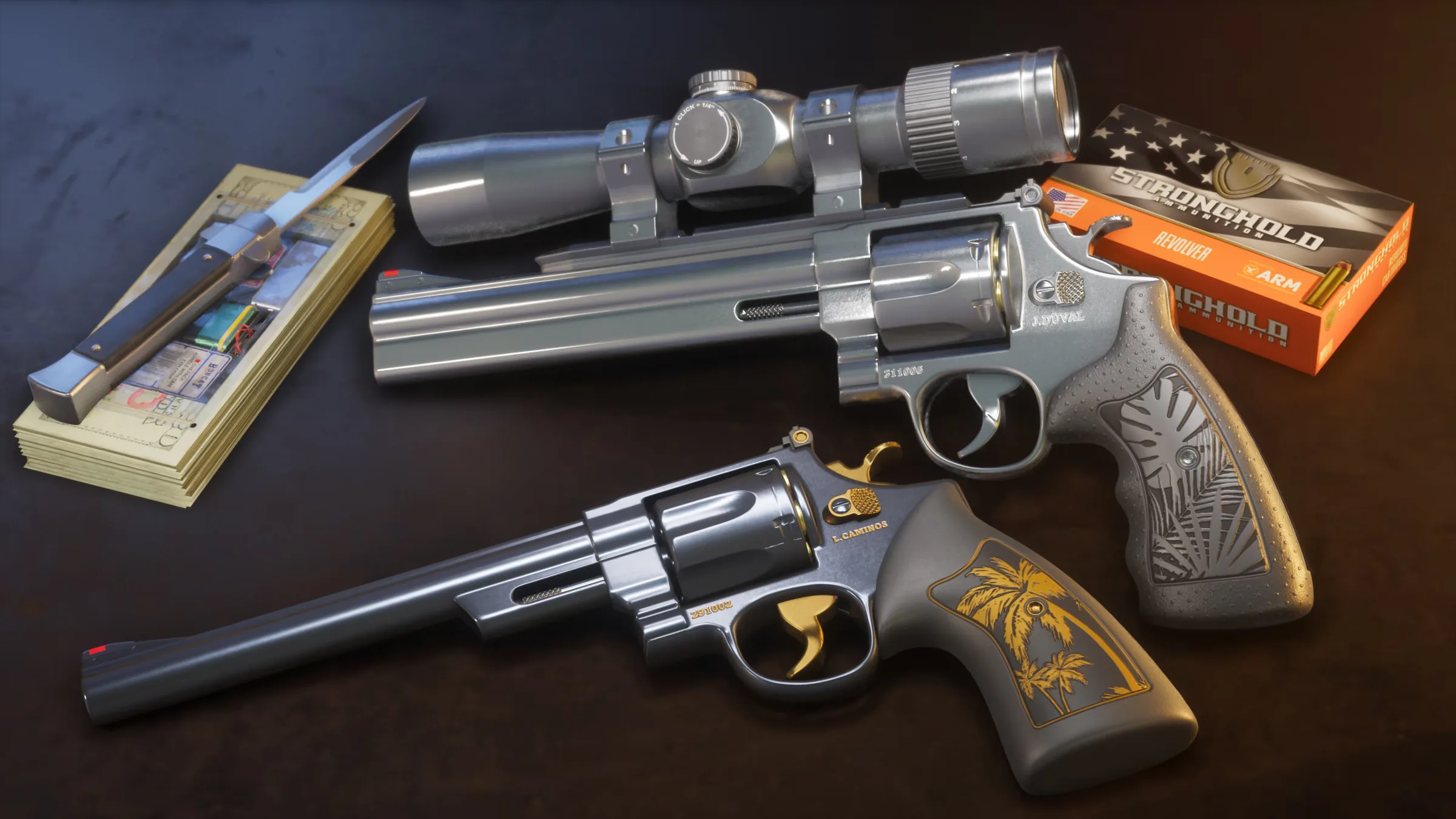 Engraved revolvers with a scope, cash, and ammunition